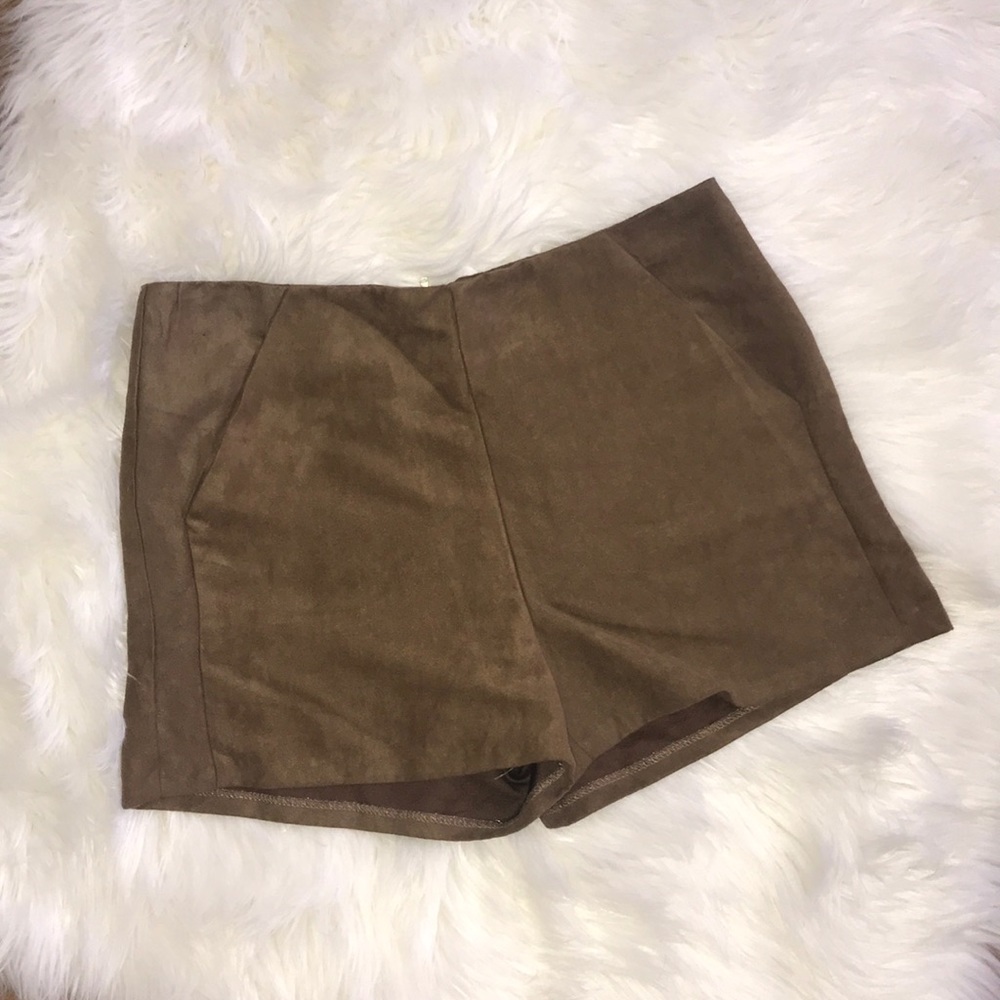 High waisted brown suede shorts